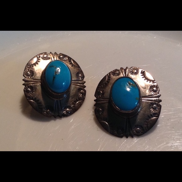Navajo Lrg Signed Turquoise 925 Sterling Earrings - Picture 3 of 4